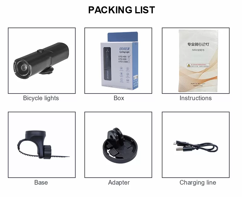 Packing List of Aluminum Alloy And Plastic 1500LM Bike Headlight LF01/LF02 Packing List of Aluminum Alloy And Plastic 1500LM Bike Headlight LF01/LF02